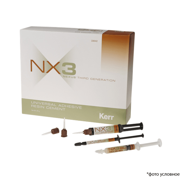 Изображение Цемент NX3, стартовый набор Intro Kit: цемент двойного отверждения (3*5гр); светоотверждаемый цемент (3*1,8гр); пробный гель (3*3гр), силановый праймер (5мл), 24 насадки